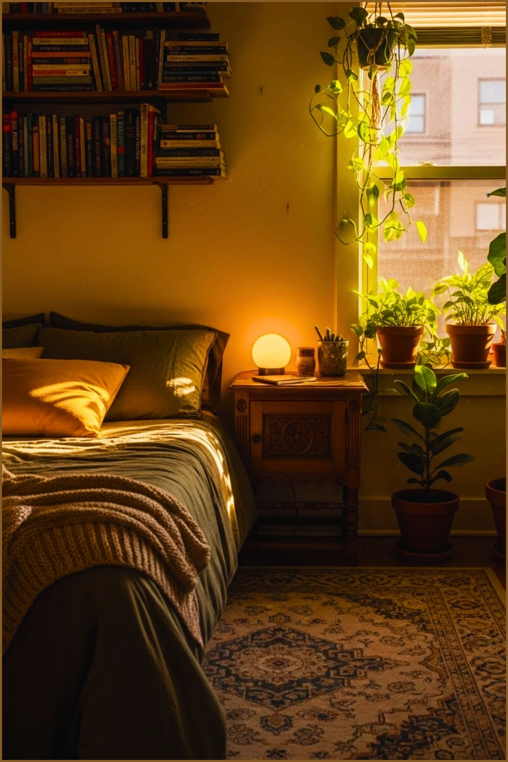 Warm Cozy Bedroom With Olive Bedding Mustard Pillow Accents
