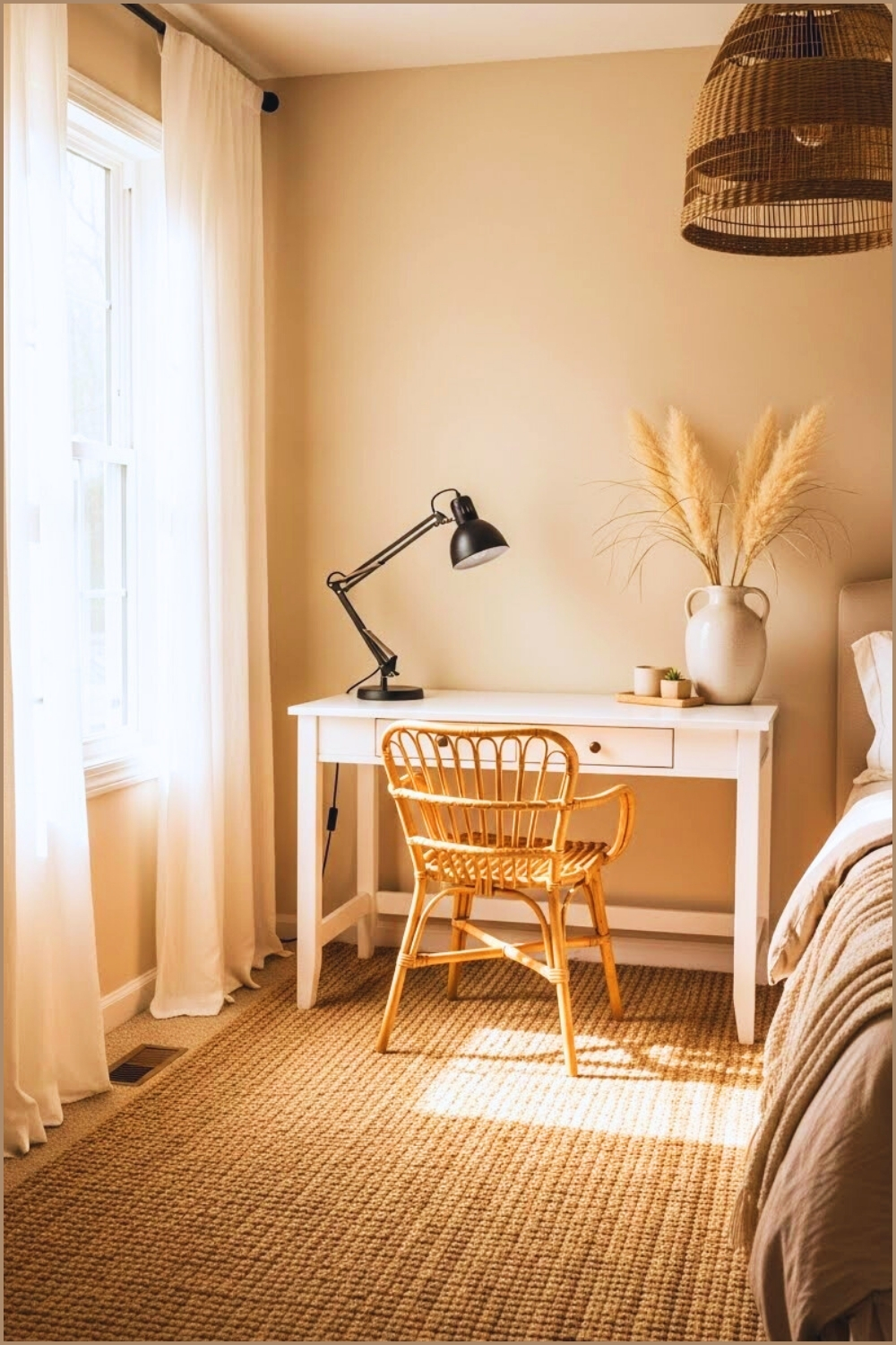 Warm Cozy Bedroom Workspace With A White Wooden Desk