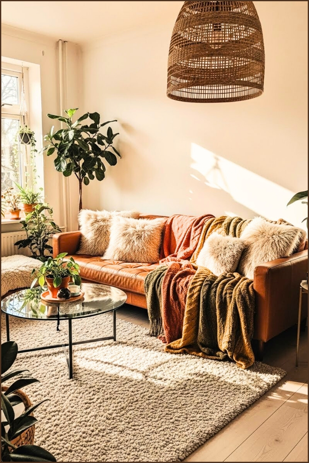 Warm Cozy Boho Living Room Brown Leather Sofa Furry Pillows