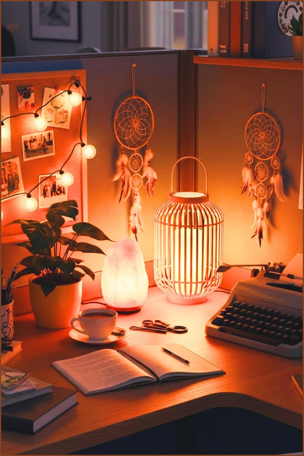Warm Cozy Boho Office Workspace With Soft Ambient