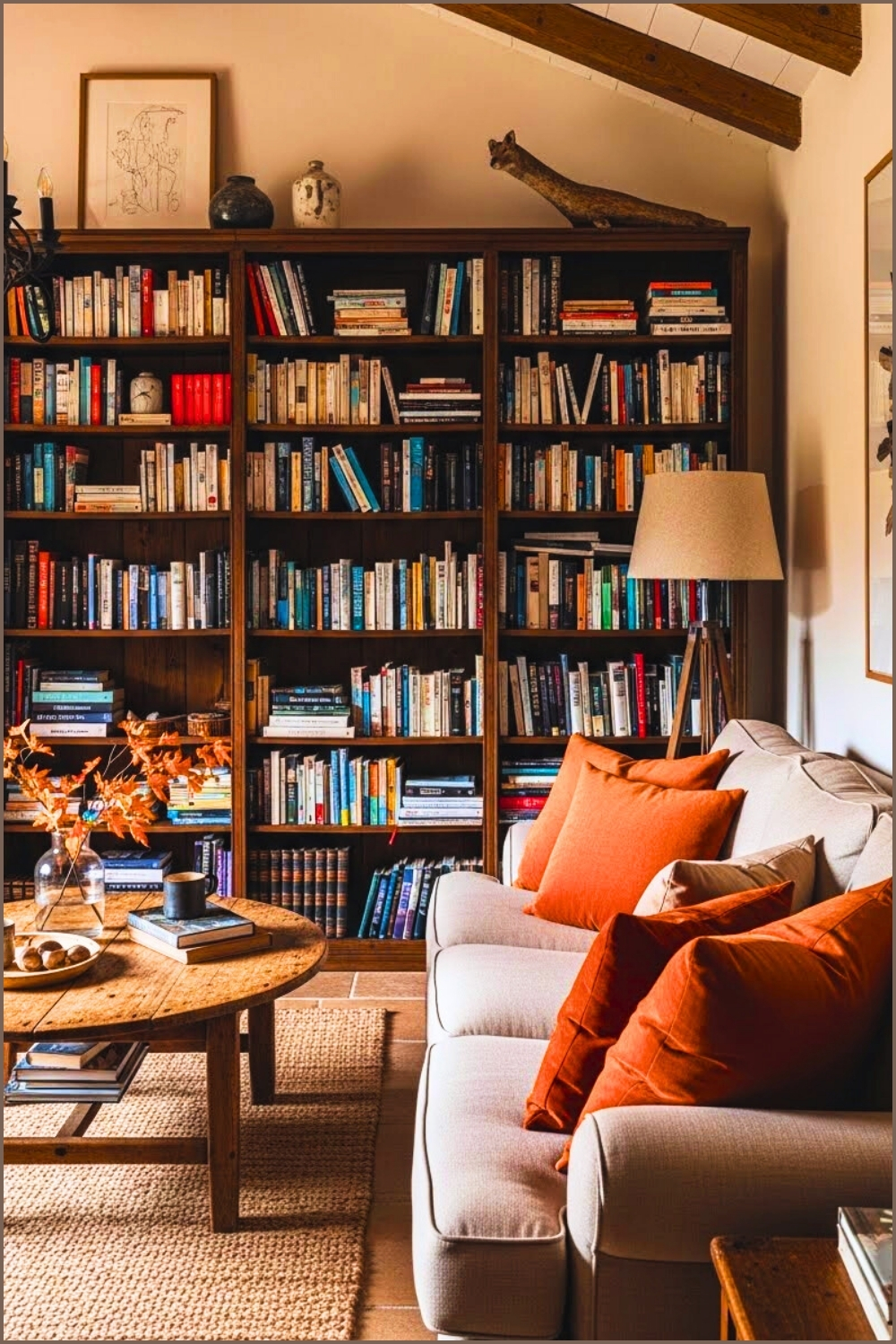 Warm Cozy Living Room With Tall Wooden Bookshelf Filled
