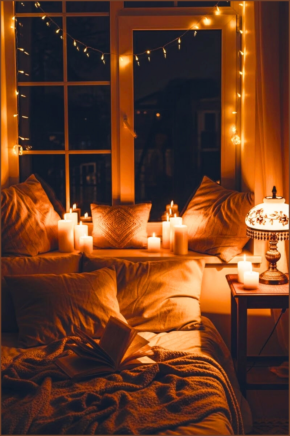 Warm Cozy Night Reading Nook, Window Decorated With Glowing