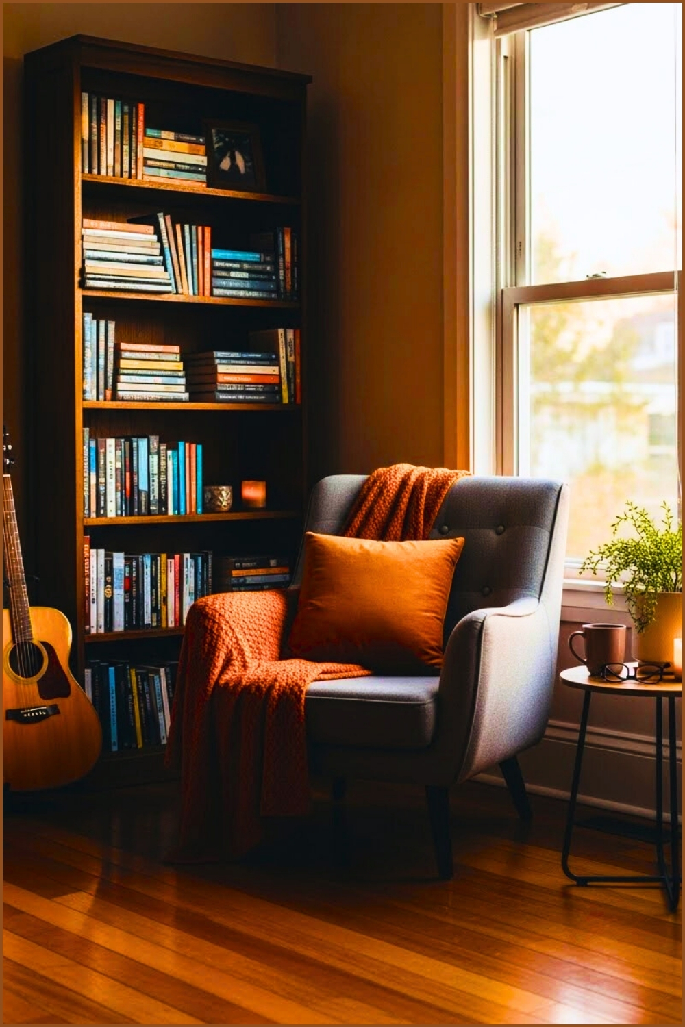 Warm Cozy Reading And Music Corner Bookshelves Filled