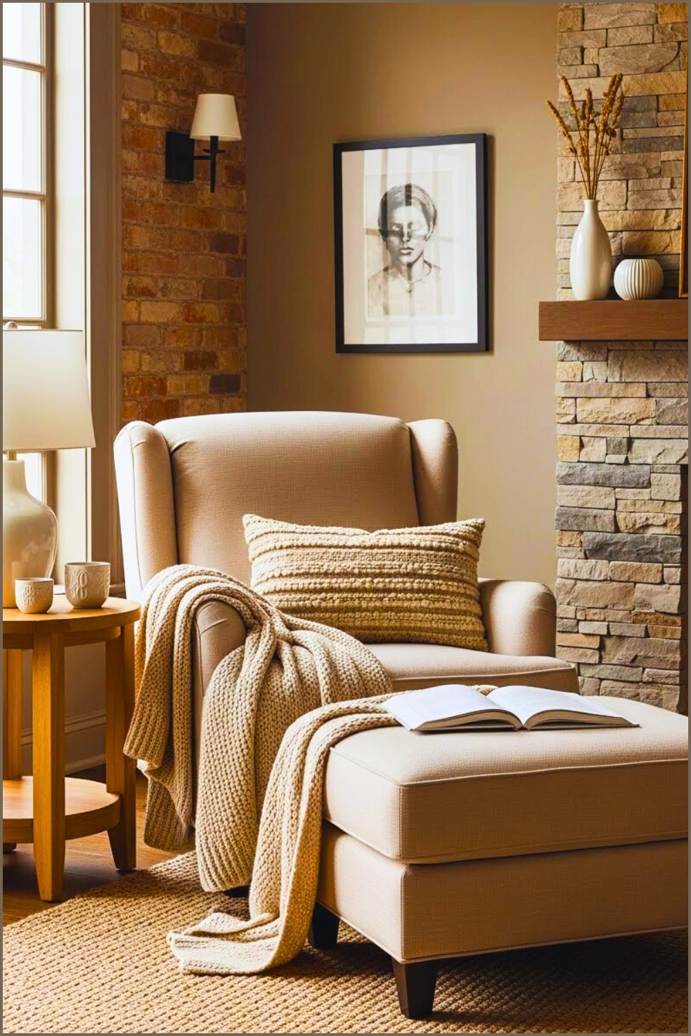 Warm Cozy Reading Nook With Beige Upholstered