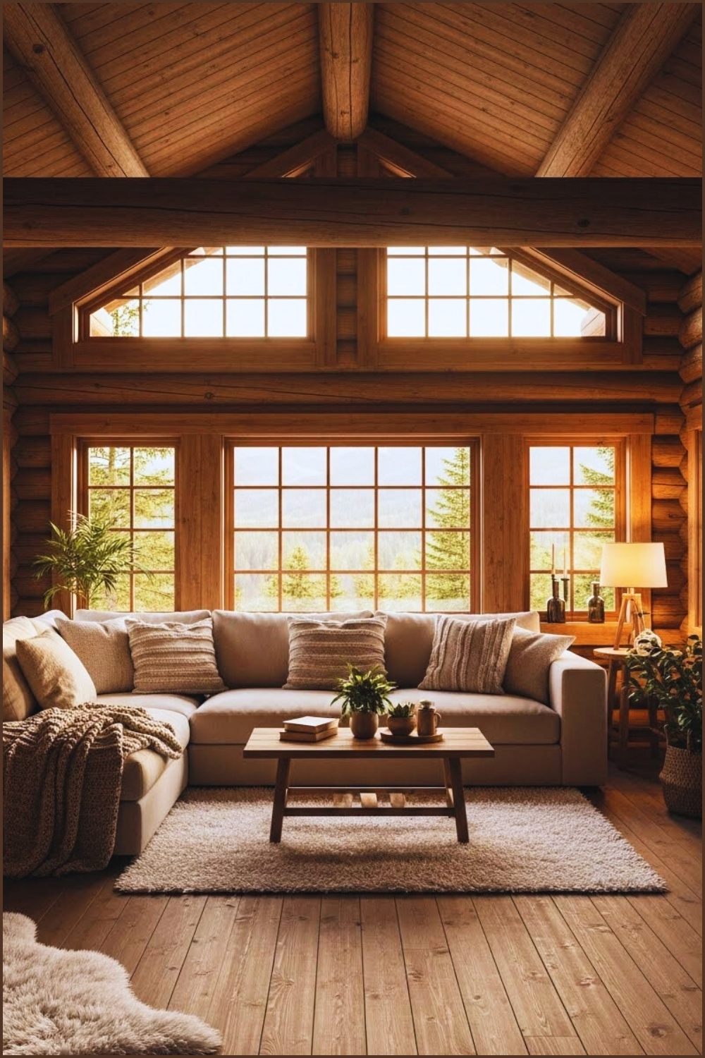 Warm Cozy Rustic Cabin Living Room Interior With Natural Log