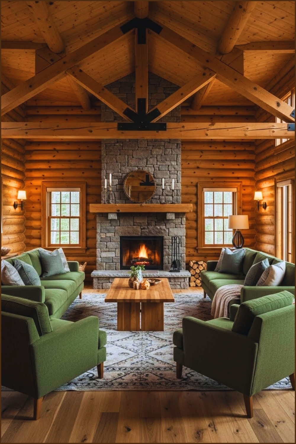Warm Earthy Rustic Log Cabin Living Room With Rich