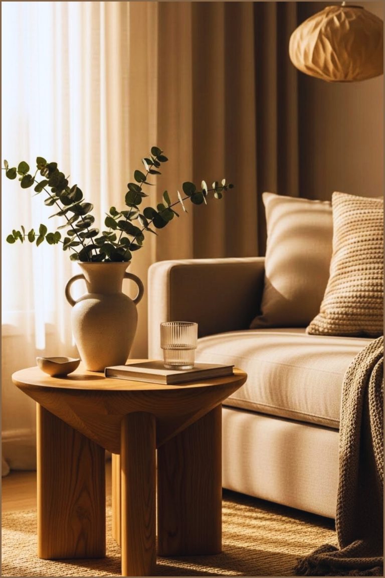 Warm Minimalist Living Room Vignette With A Sculptural