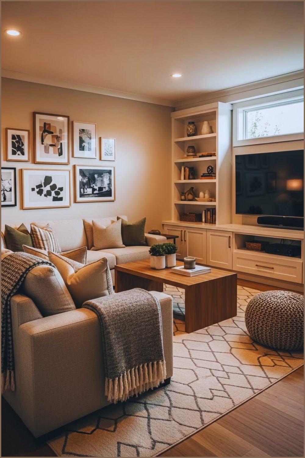 Warm Modern Family Media Room With Large L Shaped