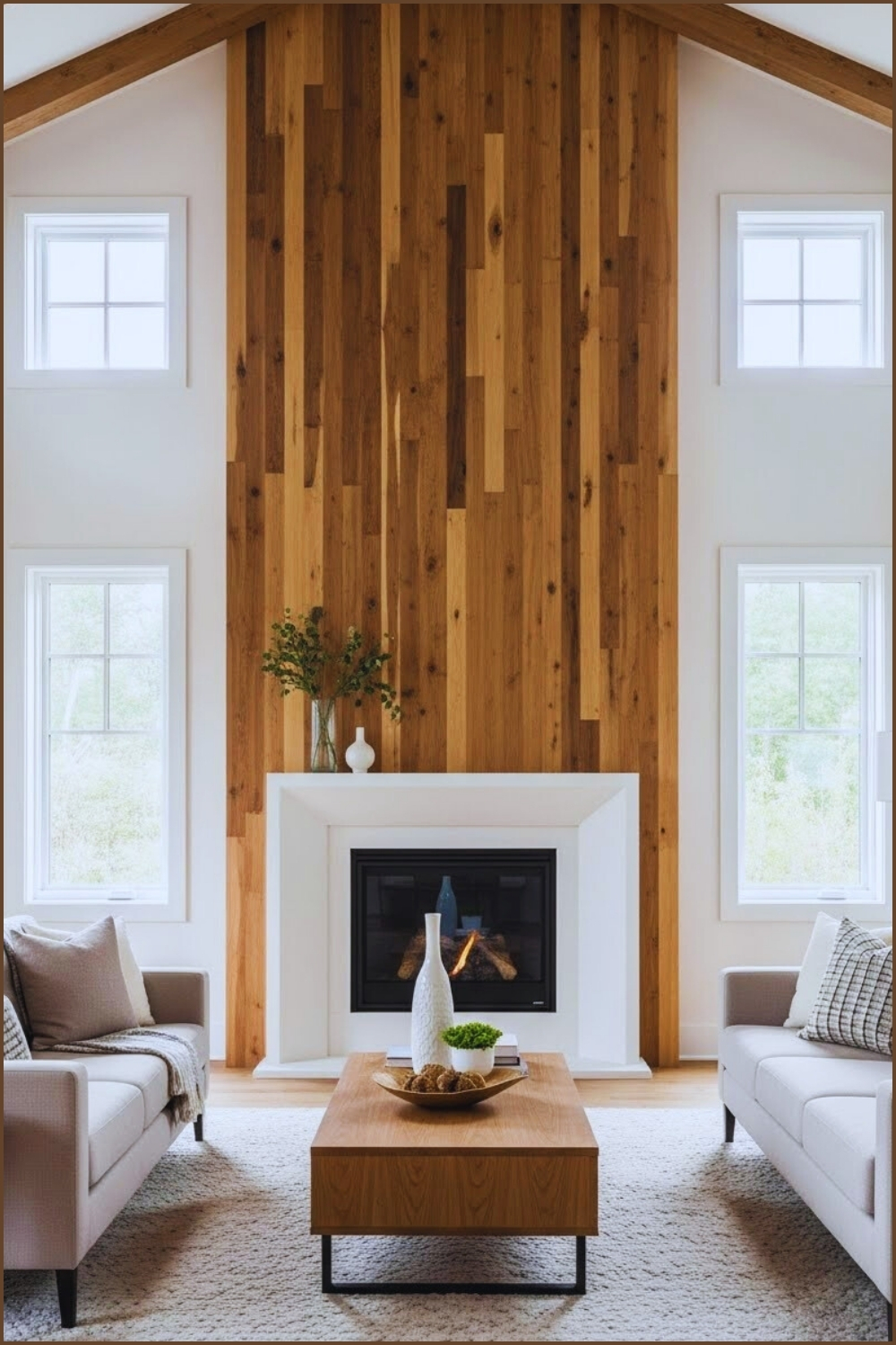 Warm Modern Living Room With A Full Height Wood Paneled