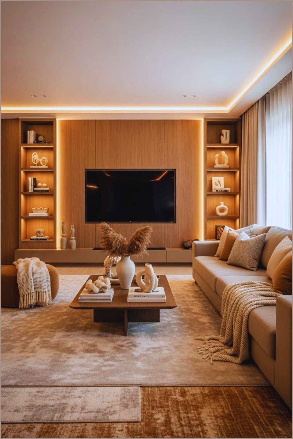 Warm Modern Living Room With Wood Paneled Tv Wall