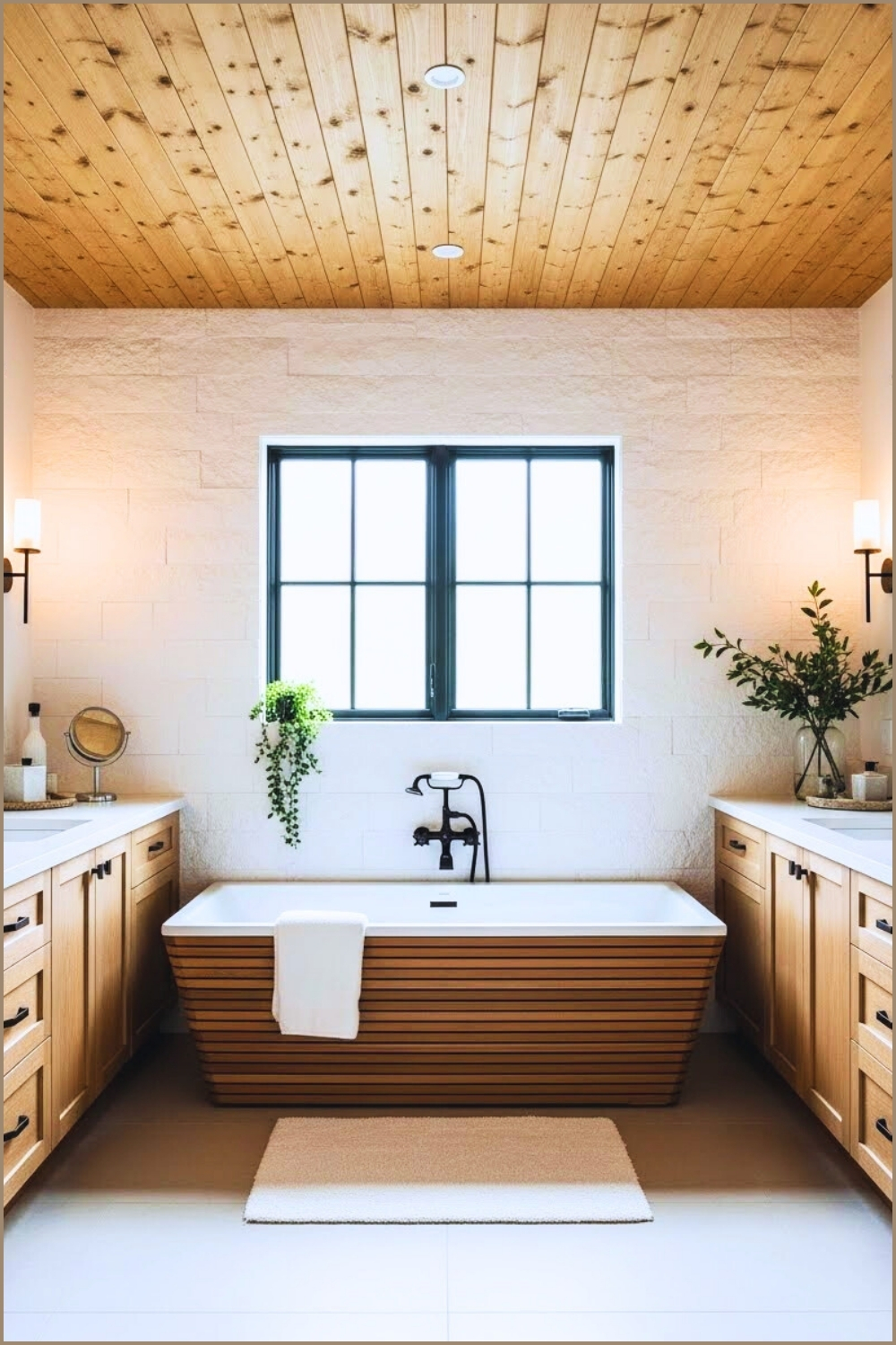 Warm Modern Rustic Bathroom With A Natural Wood