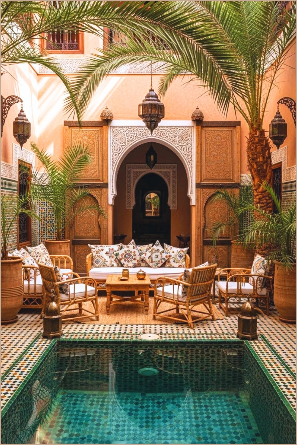Warm Moroccan Courtyard With Mosaic Tile Floor