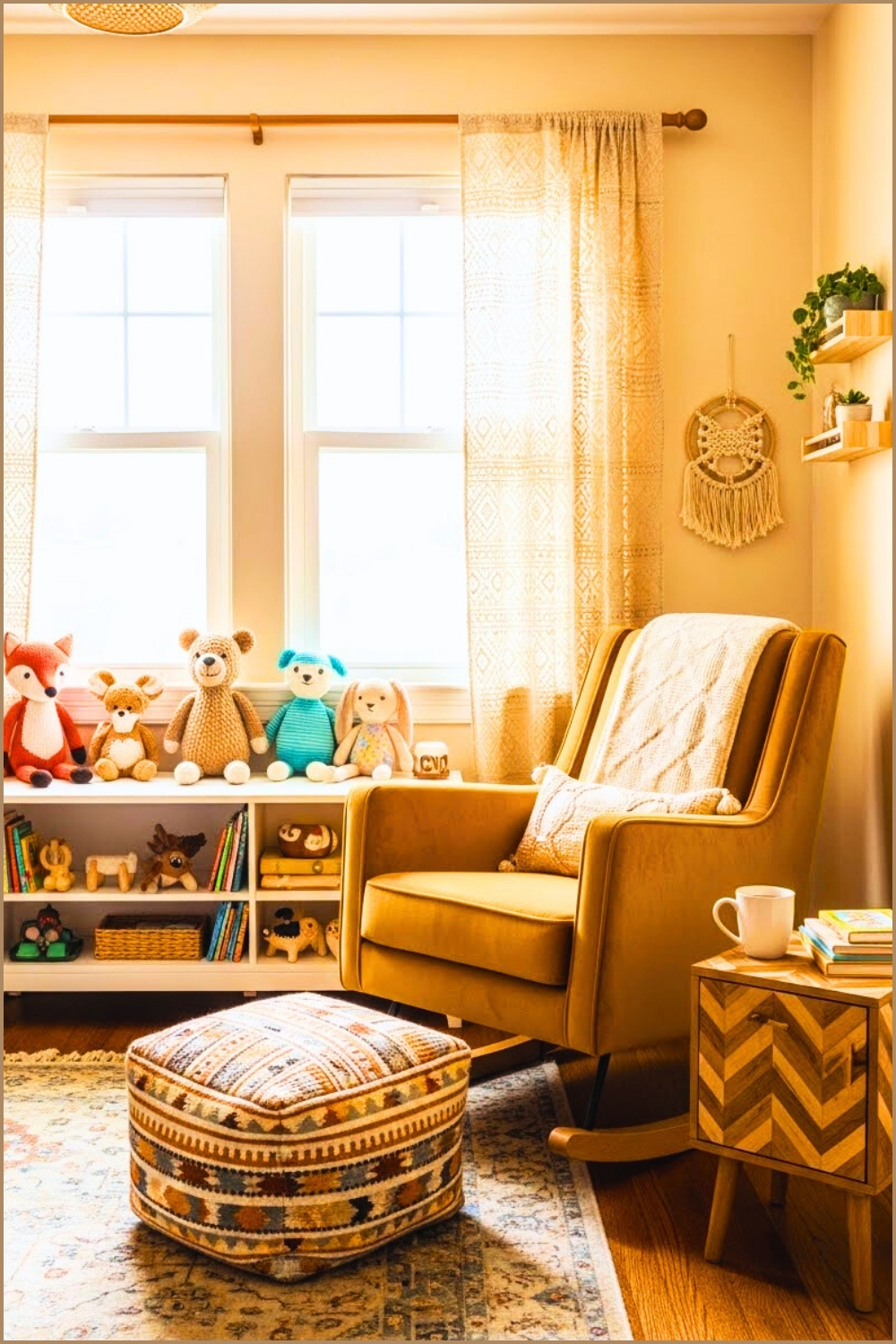 Warm Nursery Reading Corner, Mustard Velvet Rocking Chair
