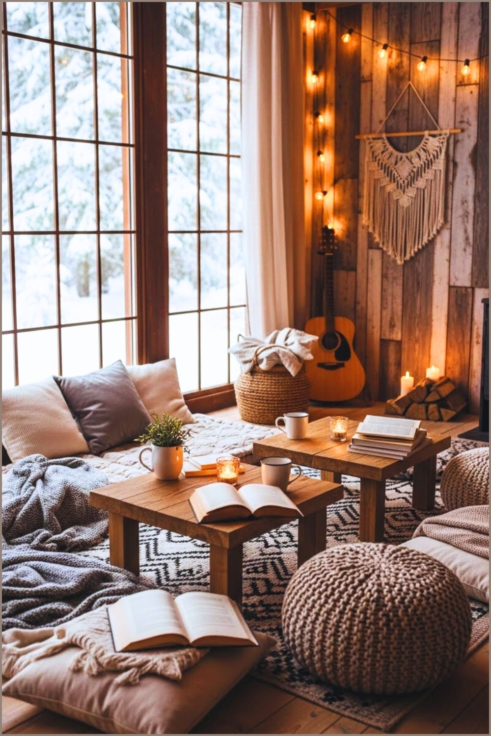 Warm Rustic Cabin Interior With Large Windows