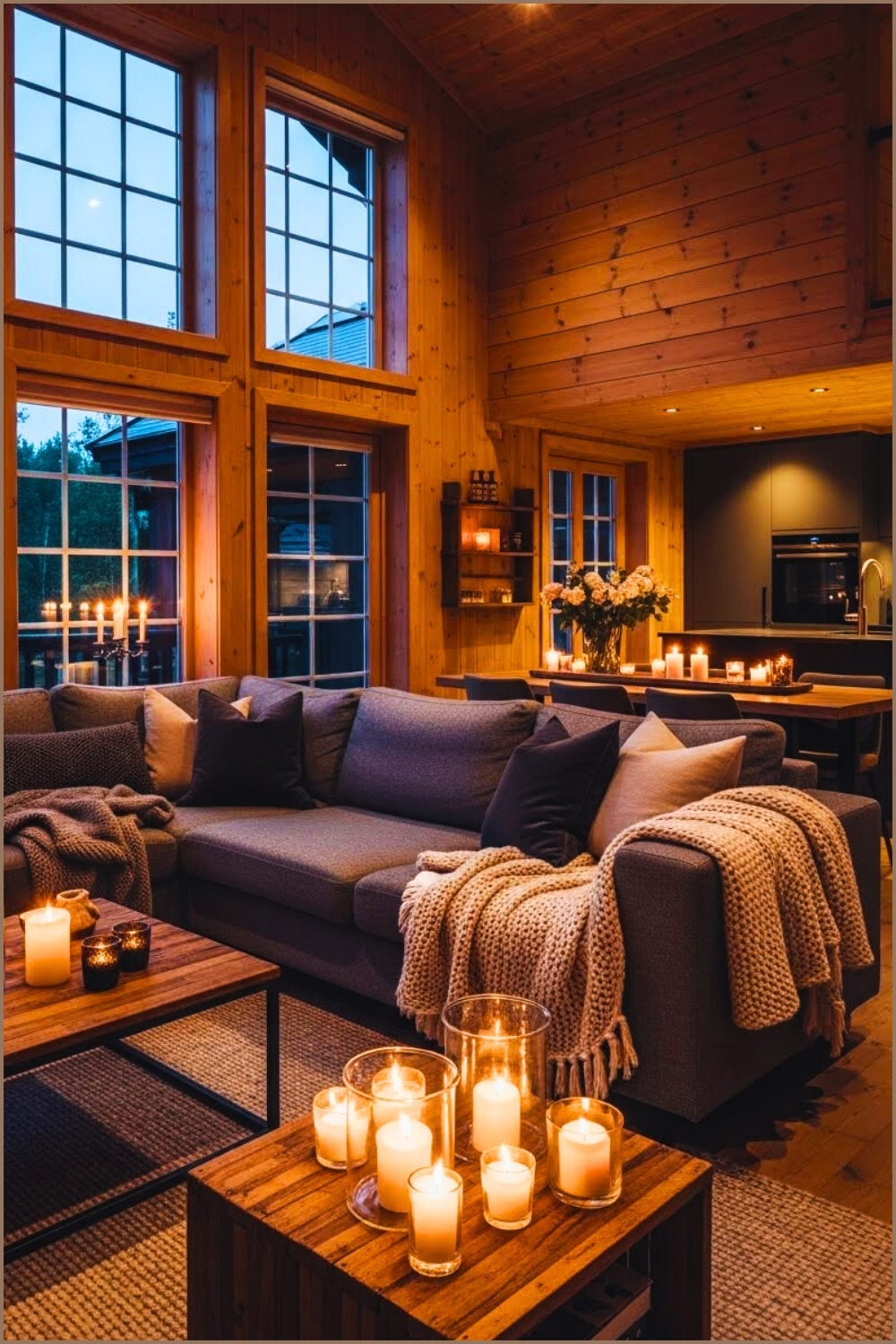 Warm Rustic Cabin Interior With Wood Paneling, Large Windows