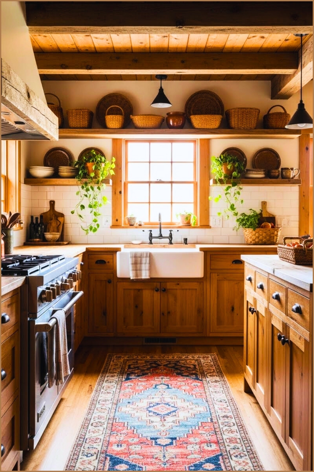 Warm Rustic Farmhouse Kitchen, Wood Cabinets And Ceiling Beams