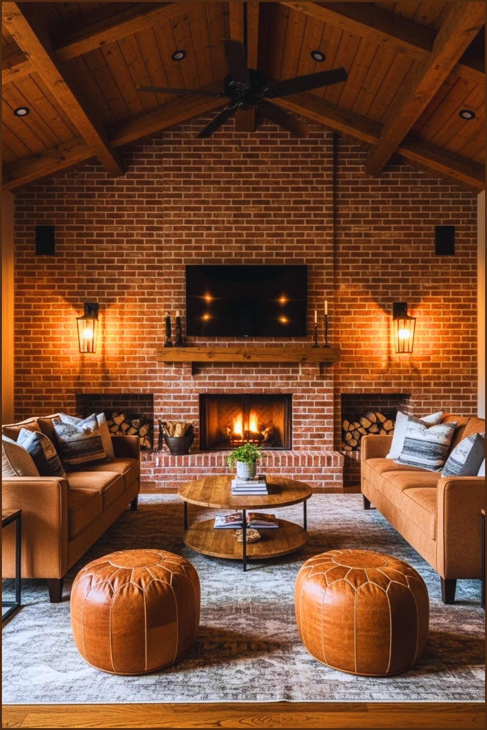 Warm Rustic Industrial Living Room With Dramatic Exposed