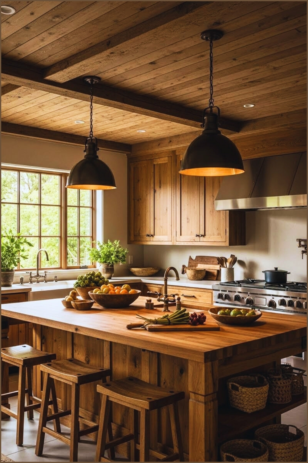Warm Rustic Kitchen Interior With A Large Wooden Island