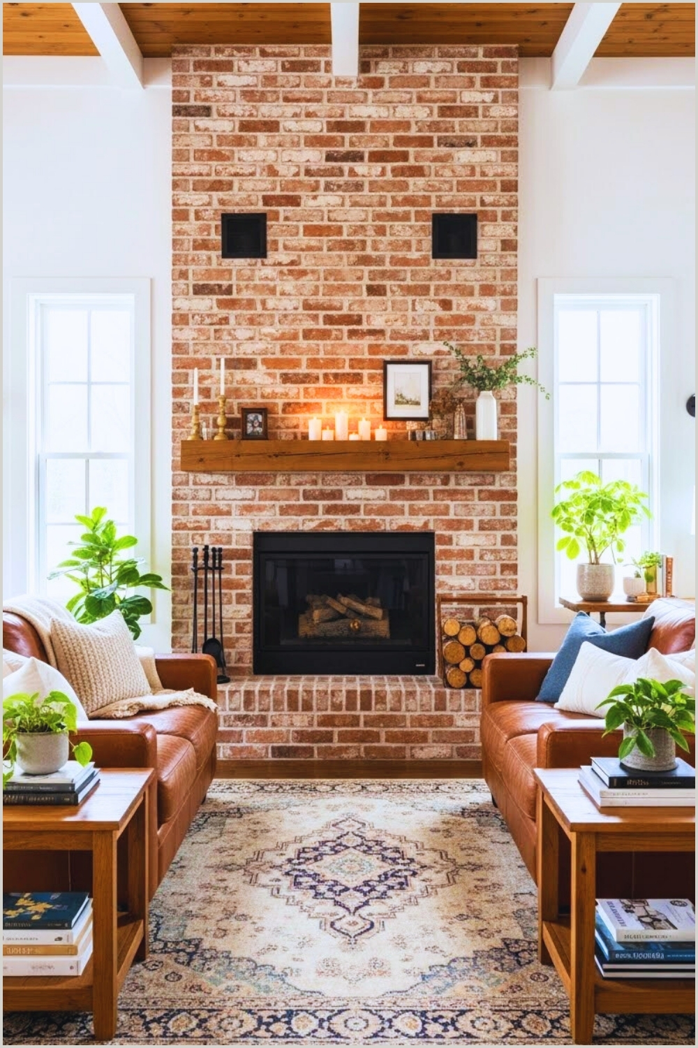 Warm Rustic Living Room With An Exposed Red Brick Fireplace