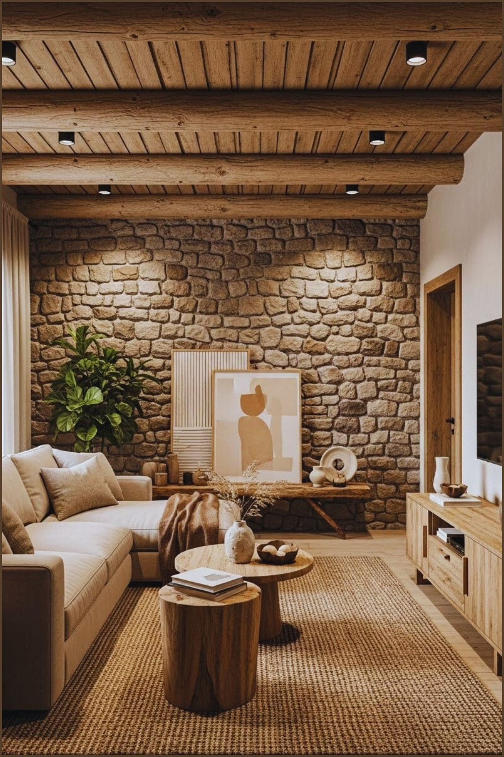 Warm Rustic Living Room With Natural Stone Walls