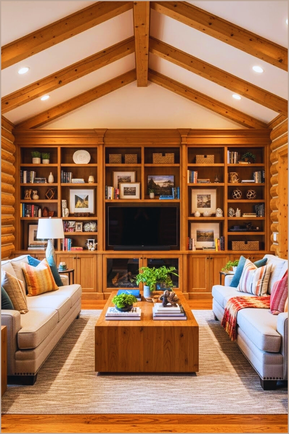 Warm Rustic Log Cabin Living Room With Custom Built In Wooden