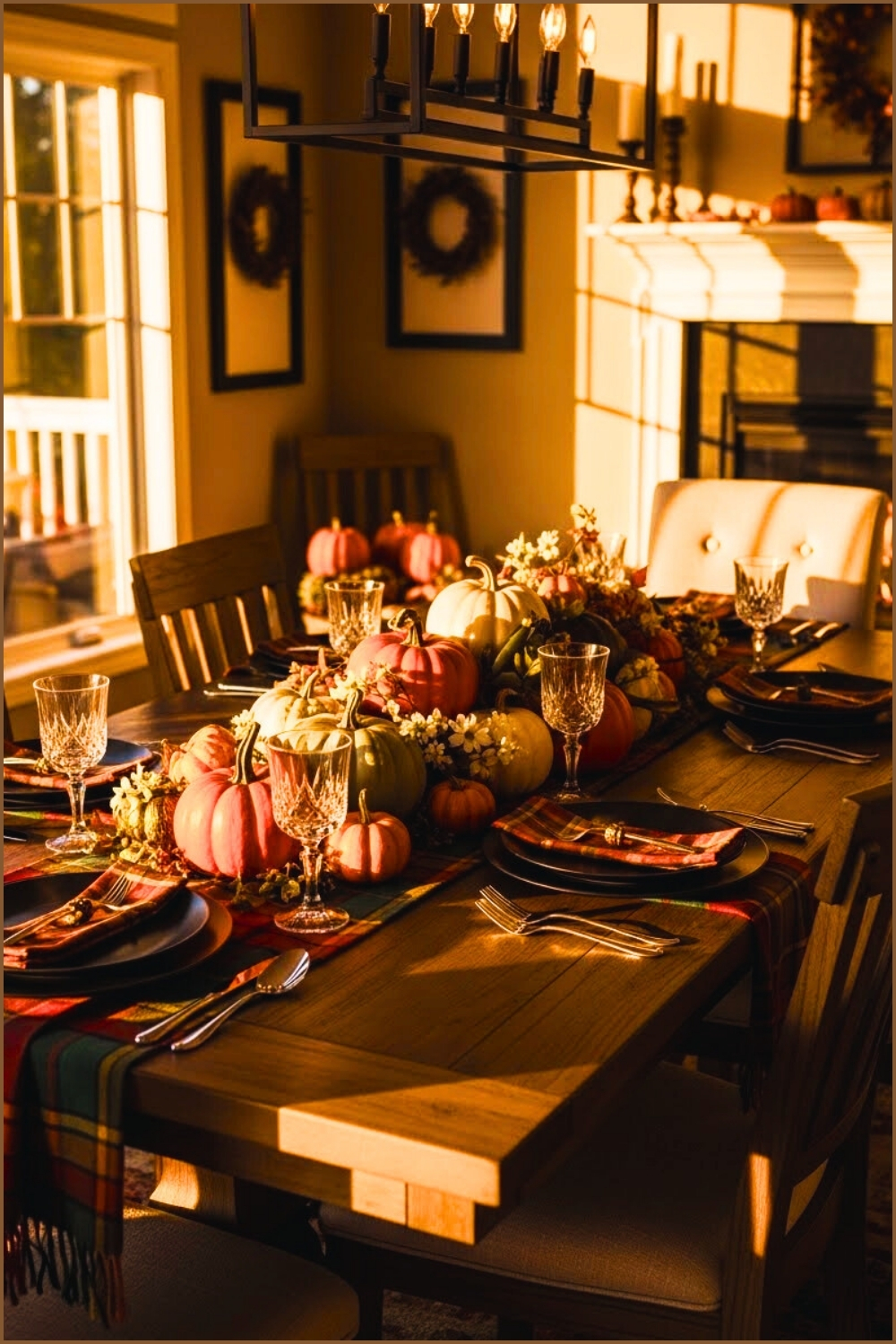 Warm Sunlit Fall Dining Room Wooden Table With Pumpkins