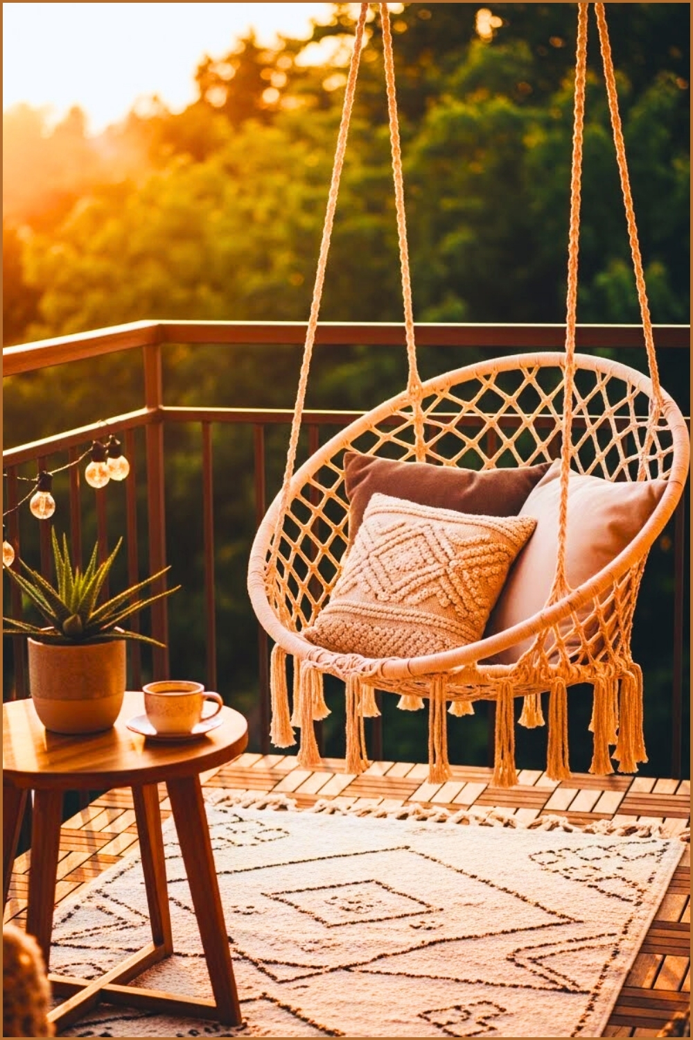 Warm Sunset Balcony, Macrame Swing Chair With Soft Neutral Pillows