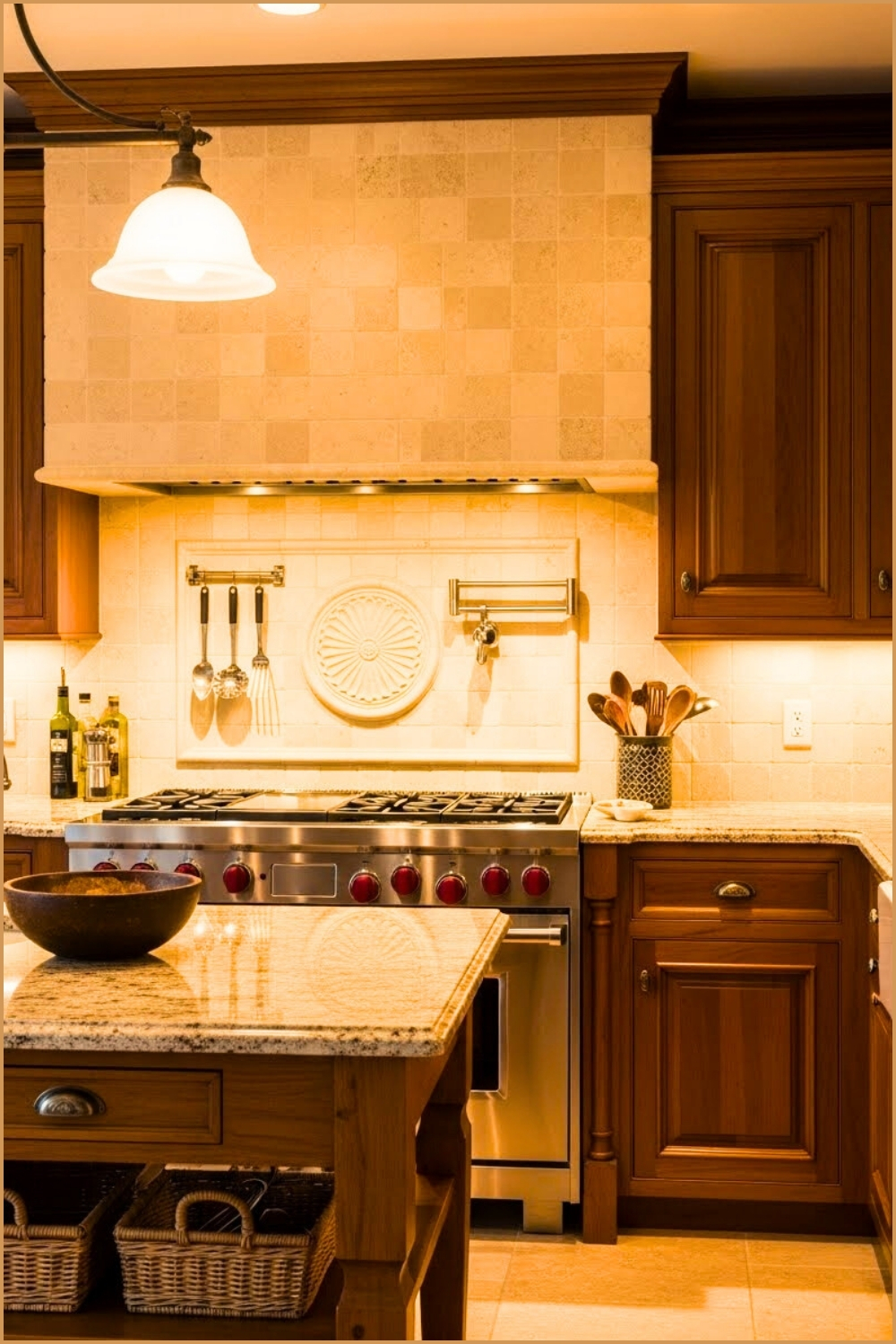 Warm Traditional Kitchen, Beige Stone Backsplash