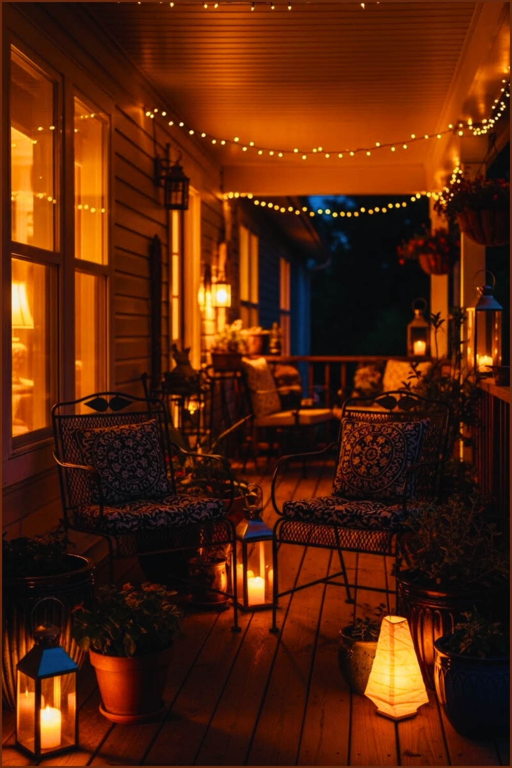 Warm Twilight Porch With String Lights Overhead