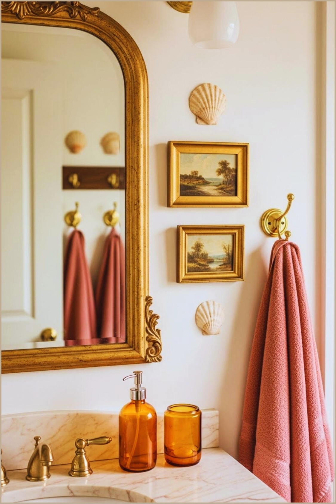 Warm Vintage Bathroom Vignette With Ornate Gold Framed