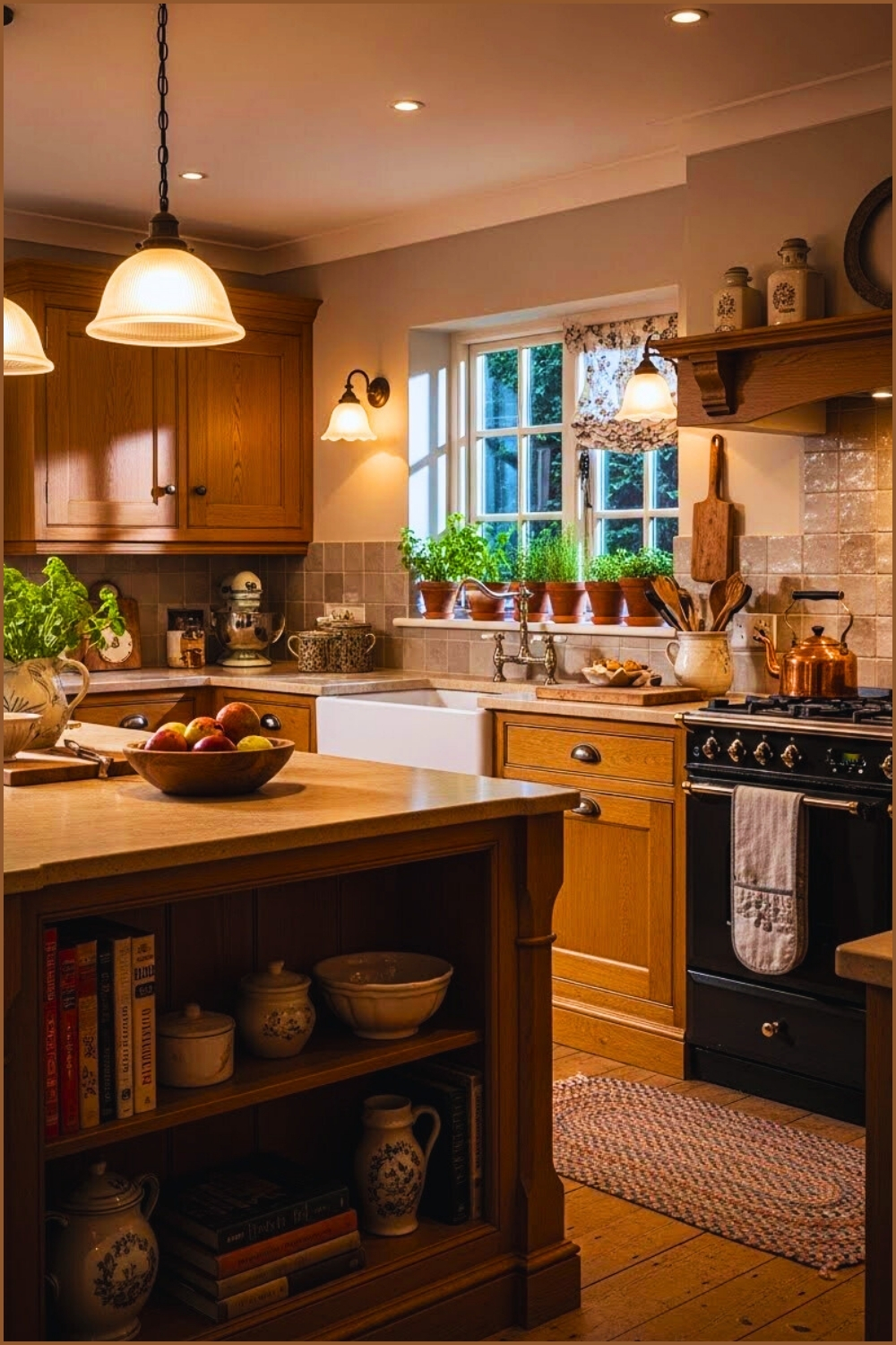 Warm Wood Cabinetry Kitchen Interior Large Island With Built
