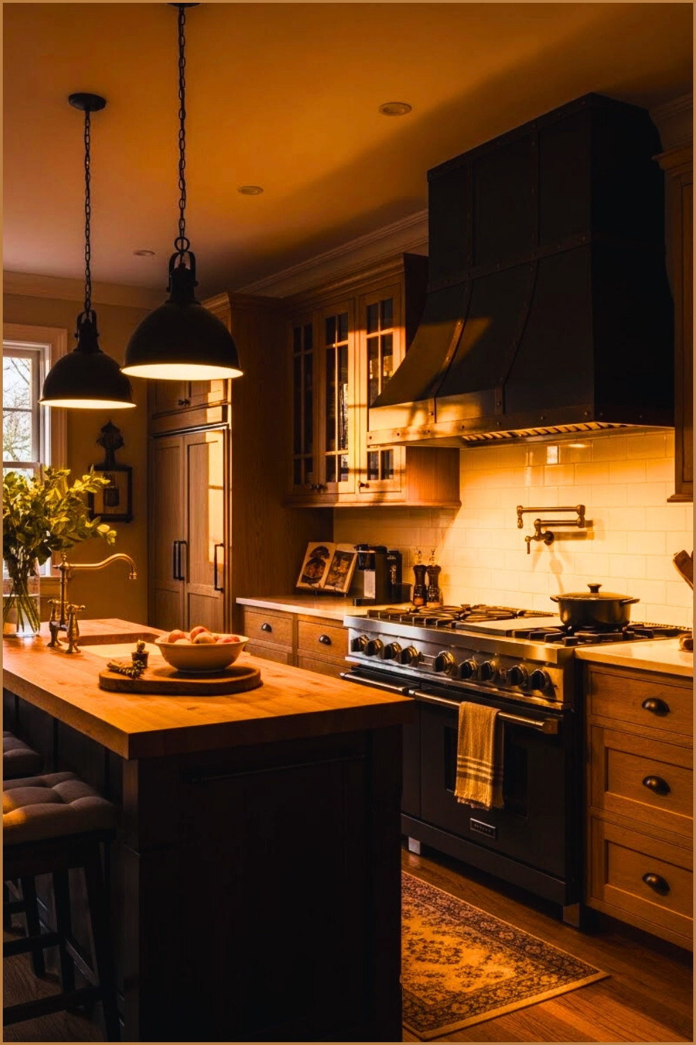 Warm Wood Kitchen With Dark Range Hood Central Island