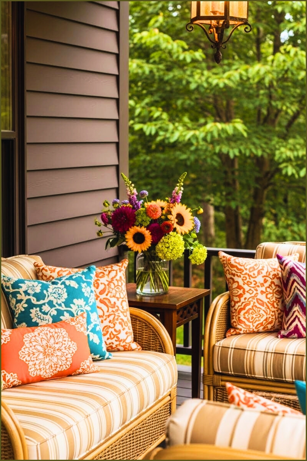 Warm porch corner with dark brown siding striped cushioned