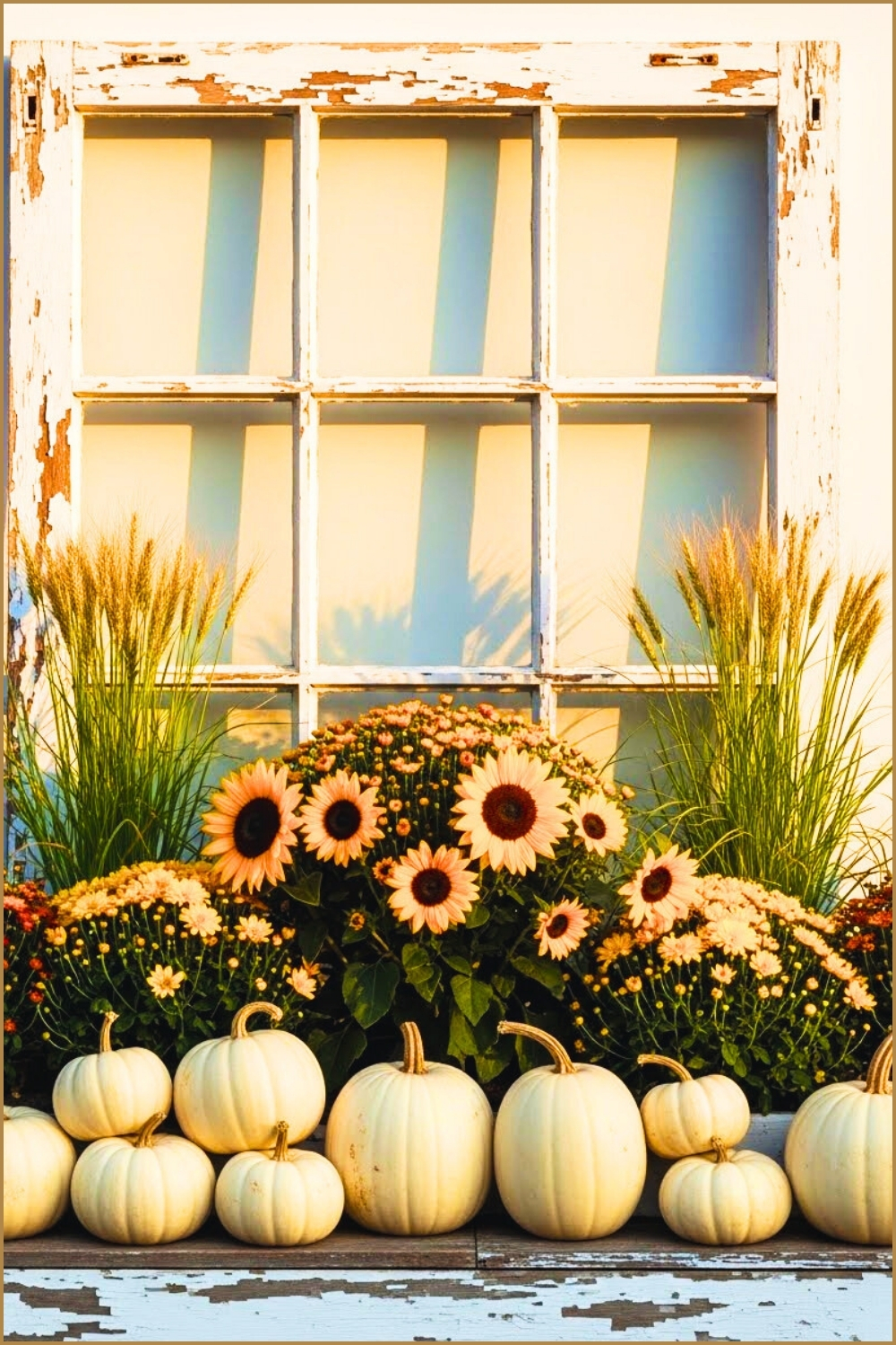 Weathered White Window Frame With Fall Planter Box