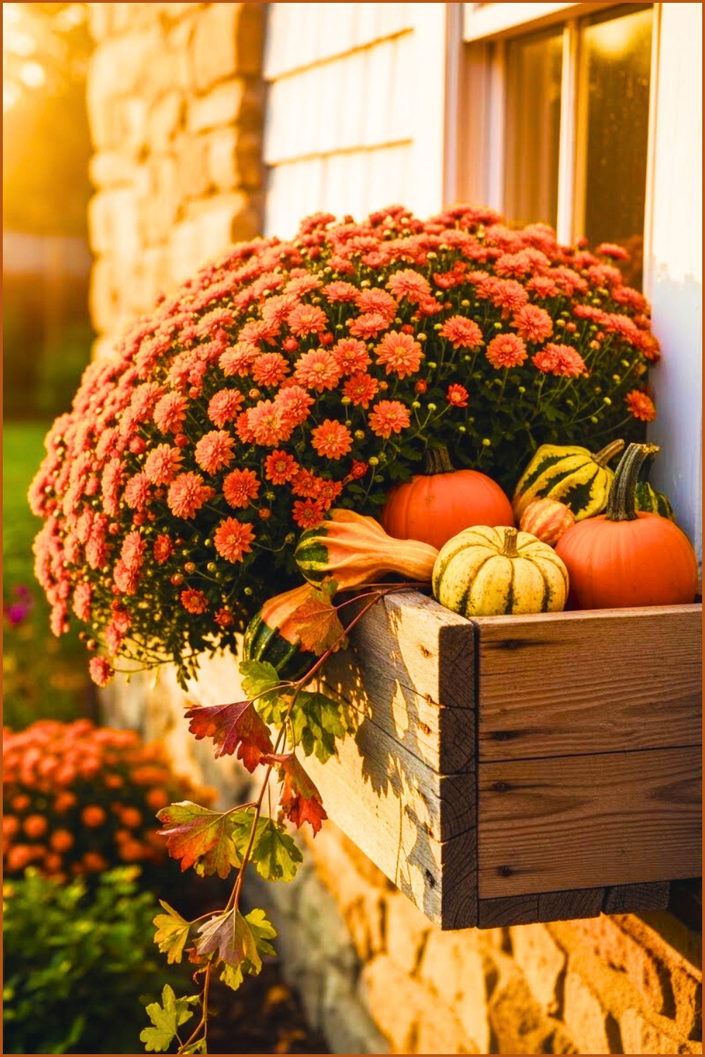 Weathered Wood Window Box Filled With Dense Orange Mums