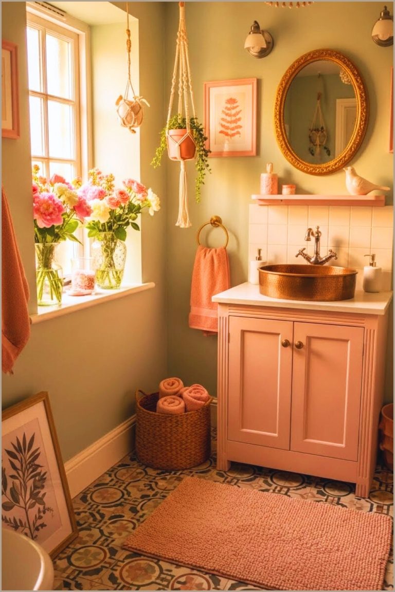 Whimsical Boho Bathroom With Pastel Green Walls