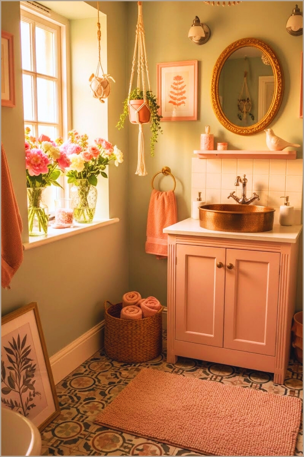 Whimsical Boho Bathroom With Pastel Green Walls