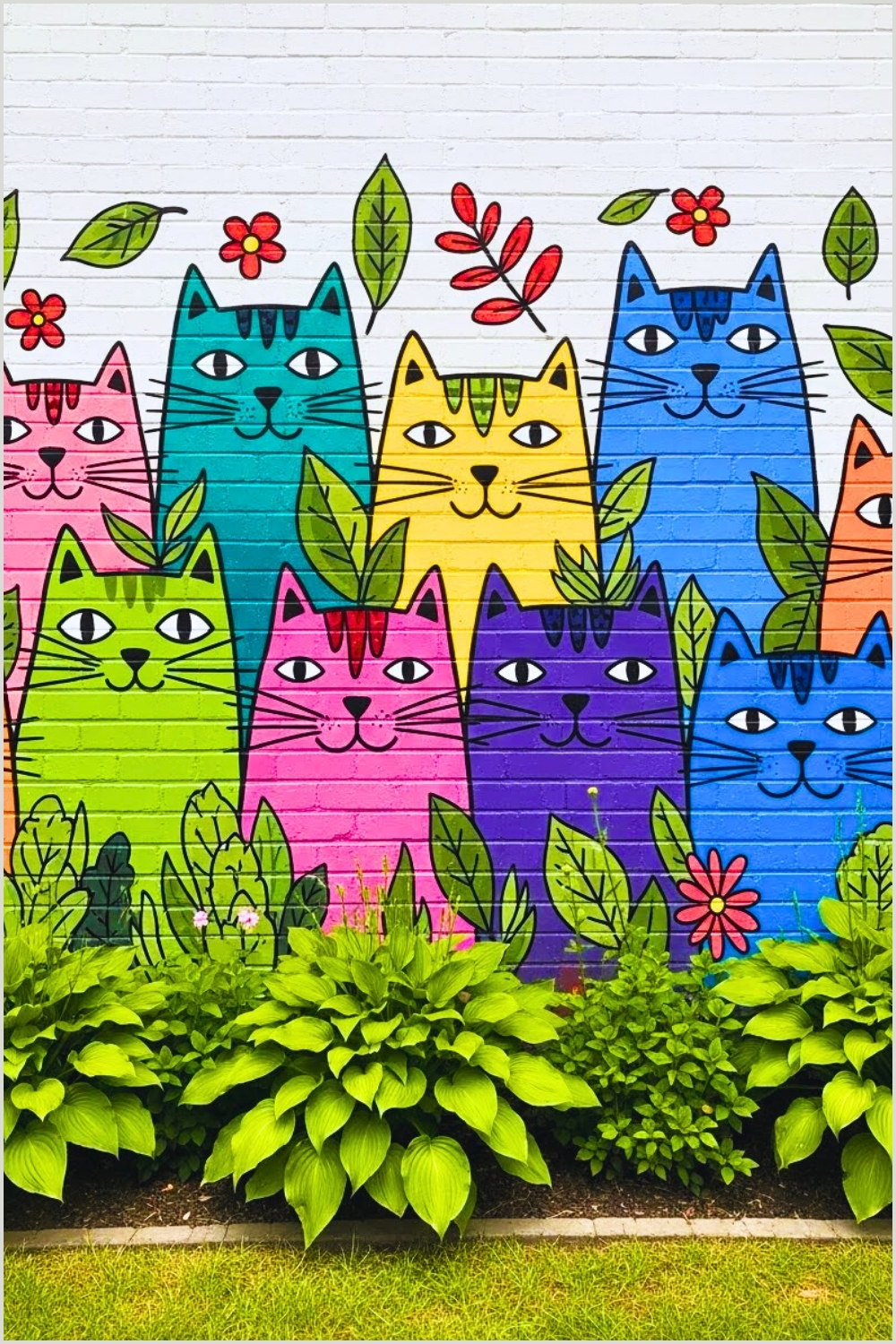 Whimsical Garden Wall Mural Painted On A Brick Wall