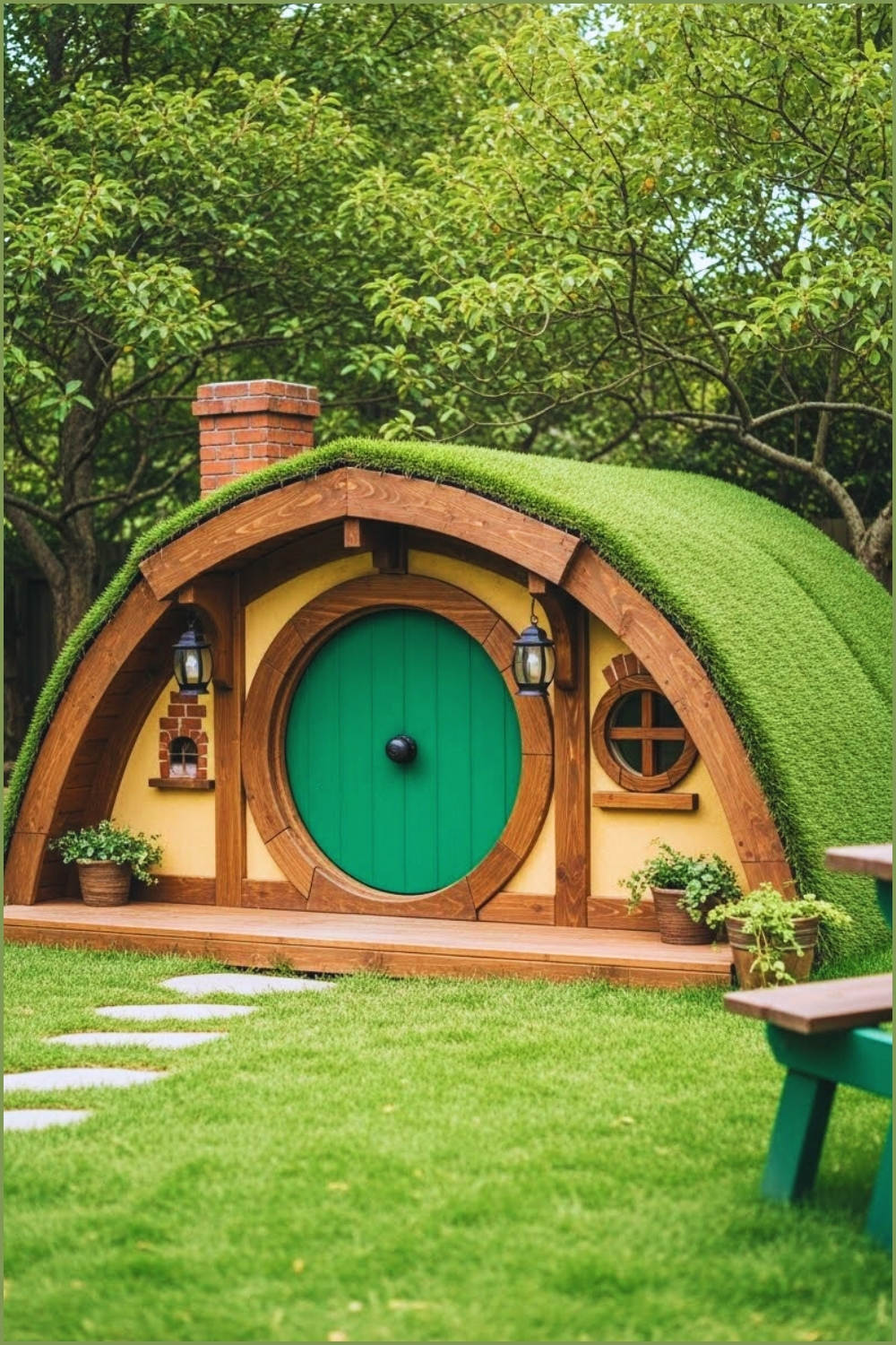 Whimsical Hobbit Style Playhouse Round Green Wooden Door