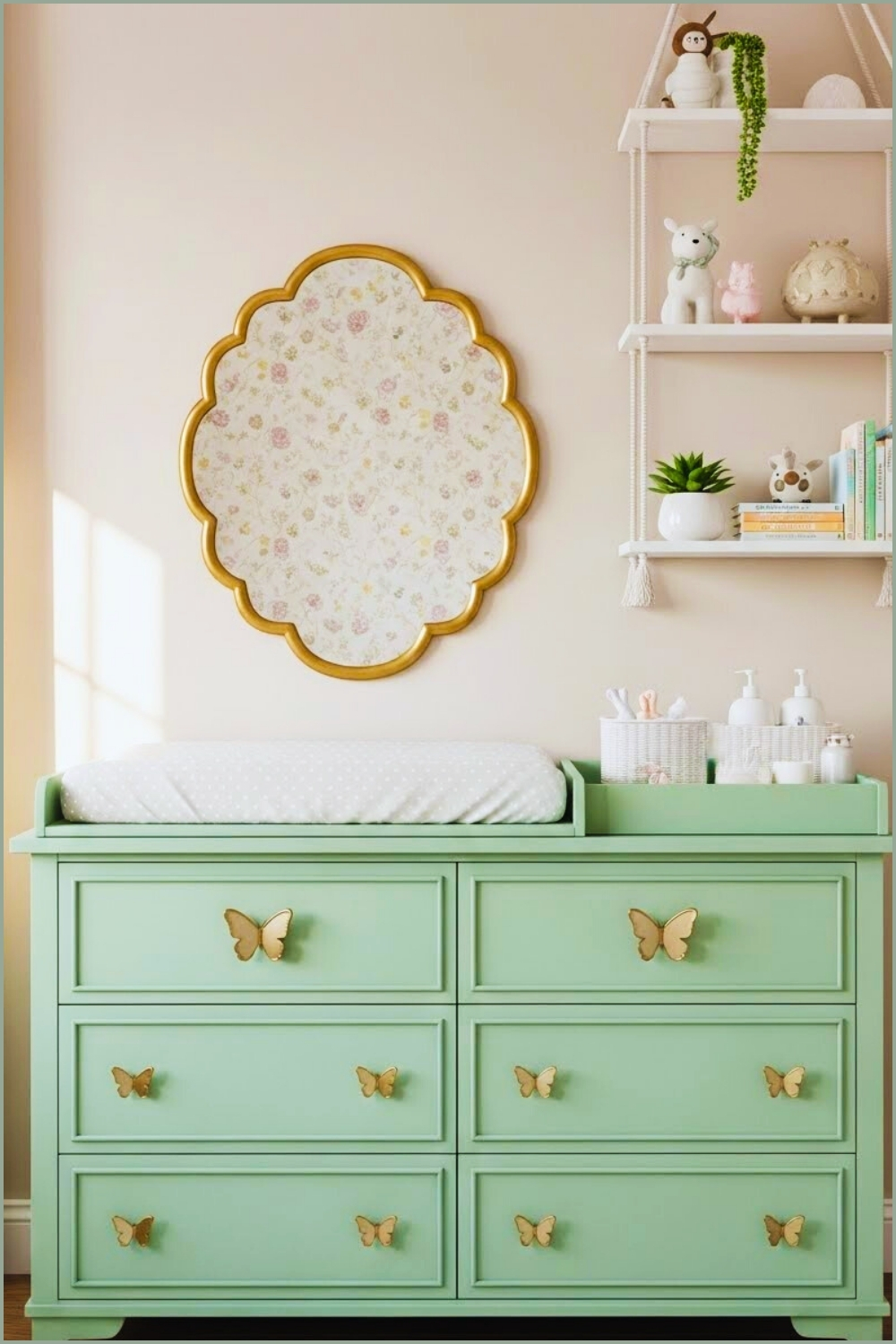 Whimsical Nursery Dresser Scene, Mint Green Dresser With Butterfly