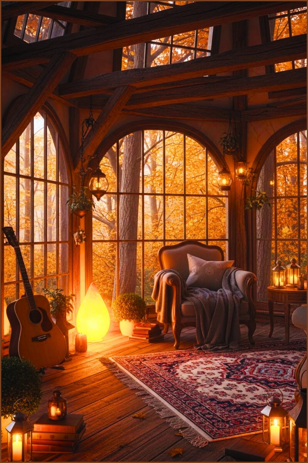 Whimsical Treehouse Cabin Interior, Raw Wood Beams