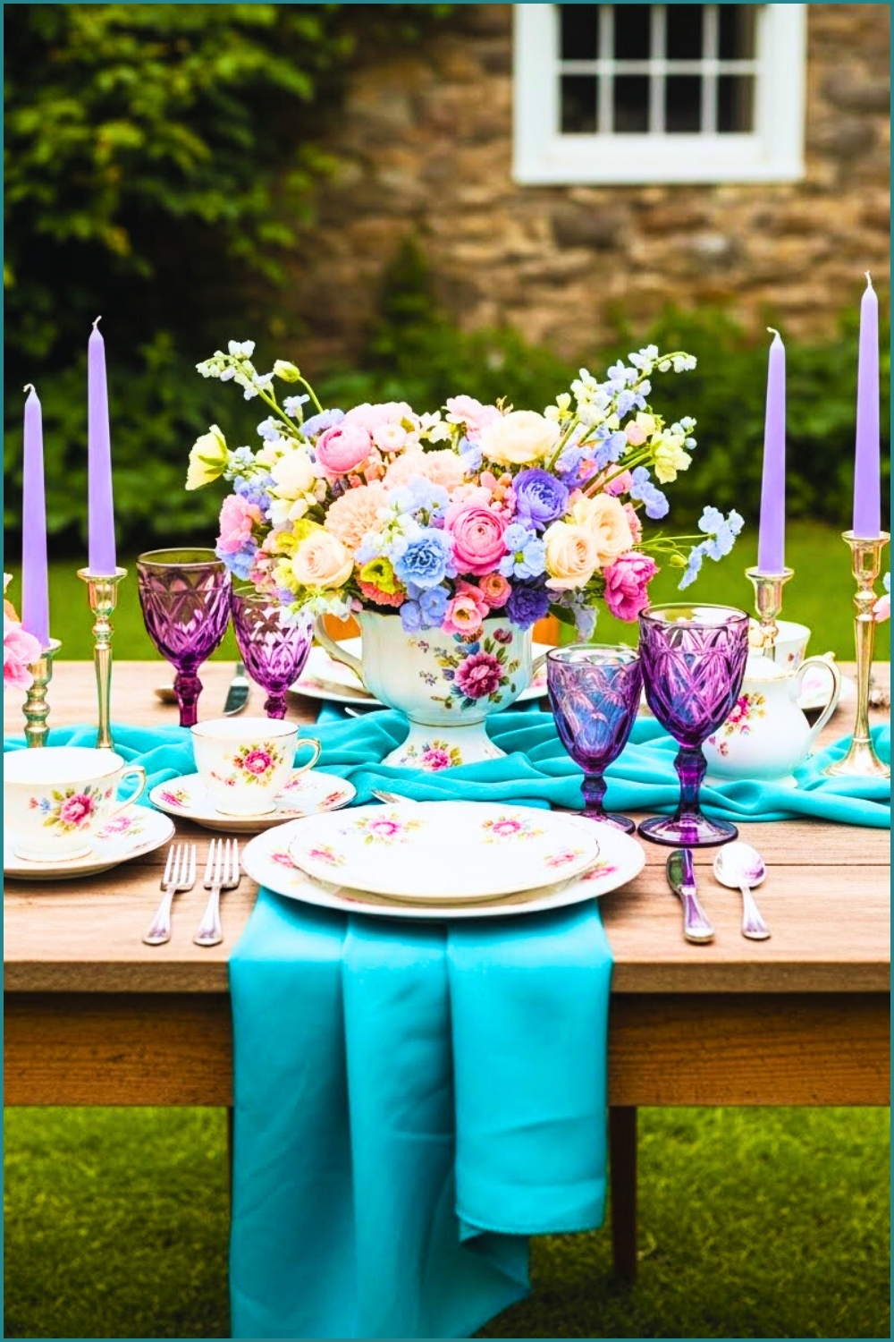 Whimsical Vintage Garden Table Setting, Mismatched Floral China