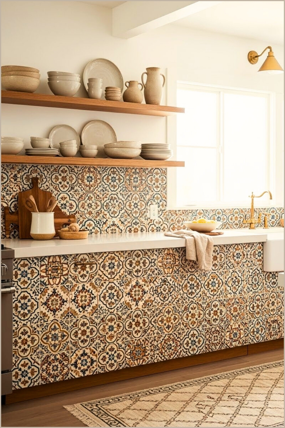White Modern Kitchen With Colorful Encaustic Tile Backsplash