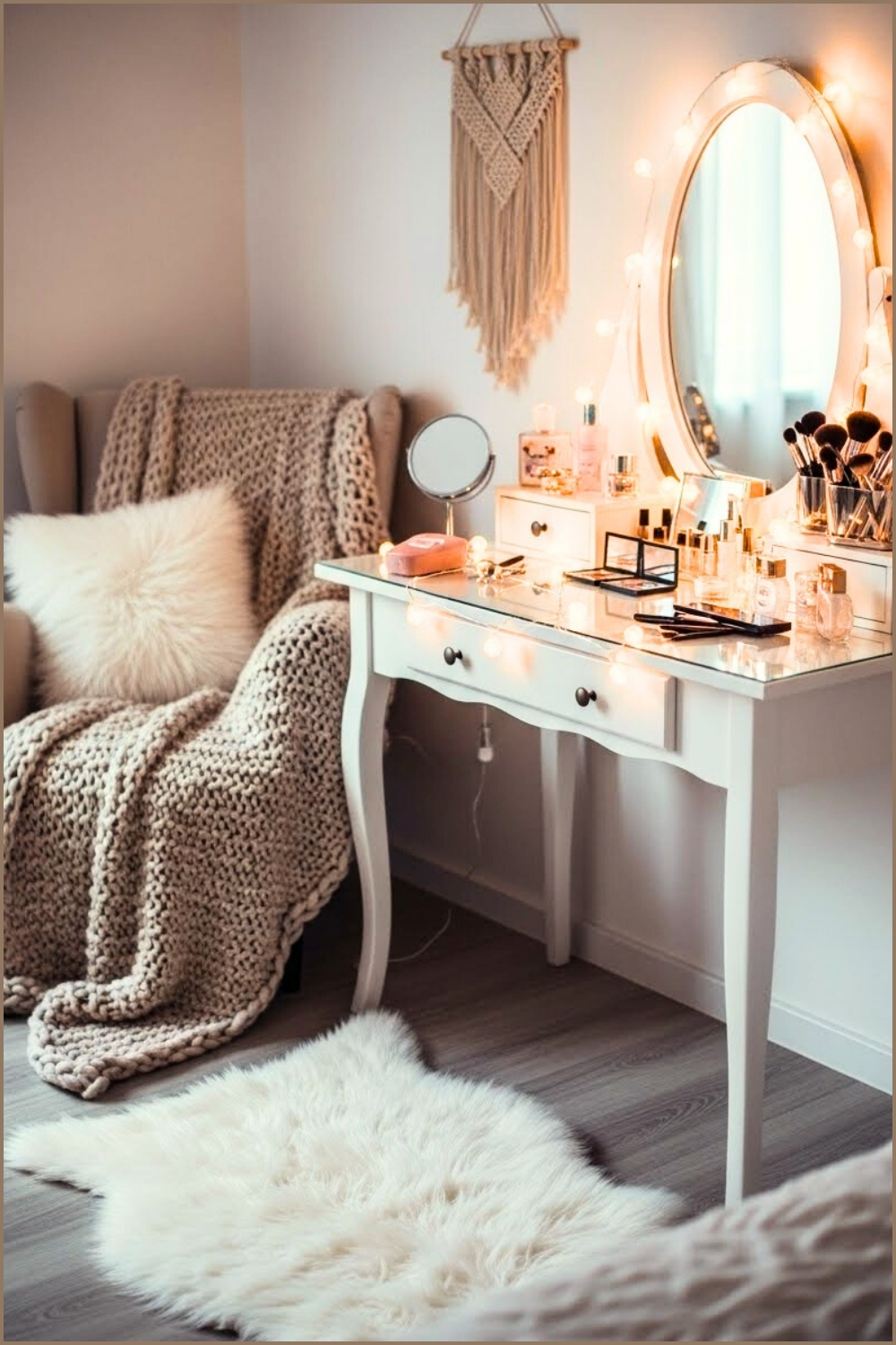 White Vanity Decorated With Warm Fairy Lights