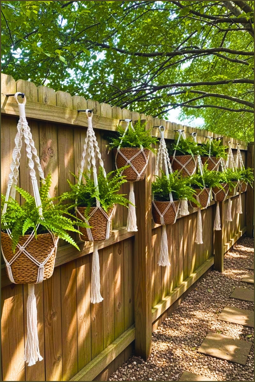 Wooden Garden Fence Lined With Macrame Hanging Basket