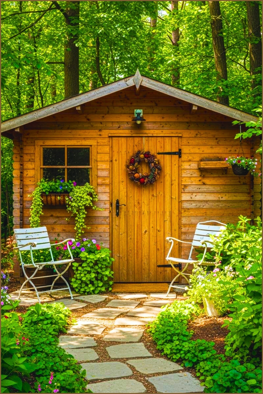 Wooden Garden Shed Surrounded By Greenery Rustic Cabin Style