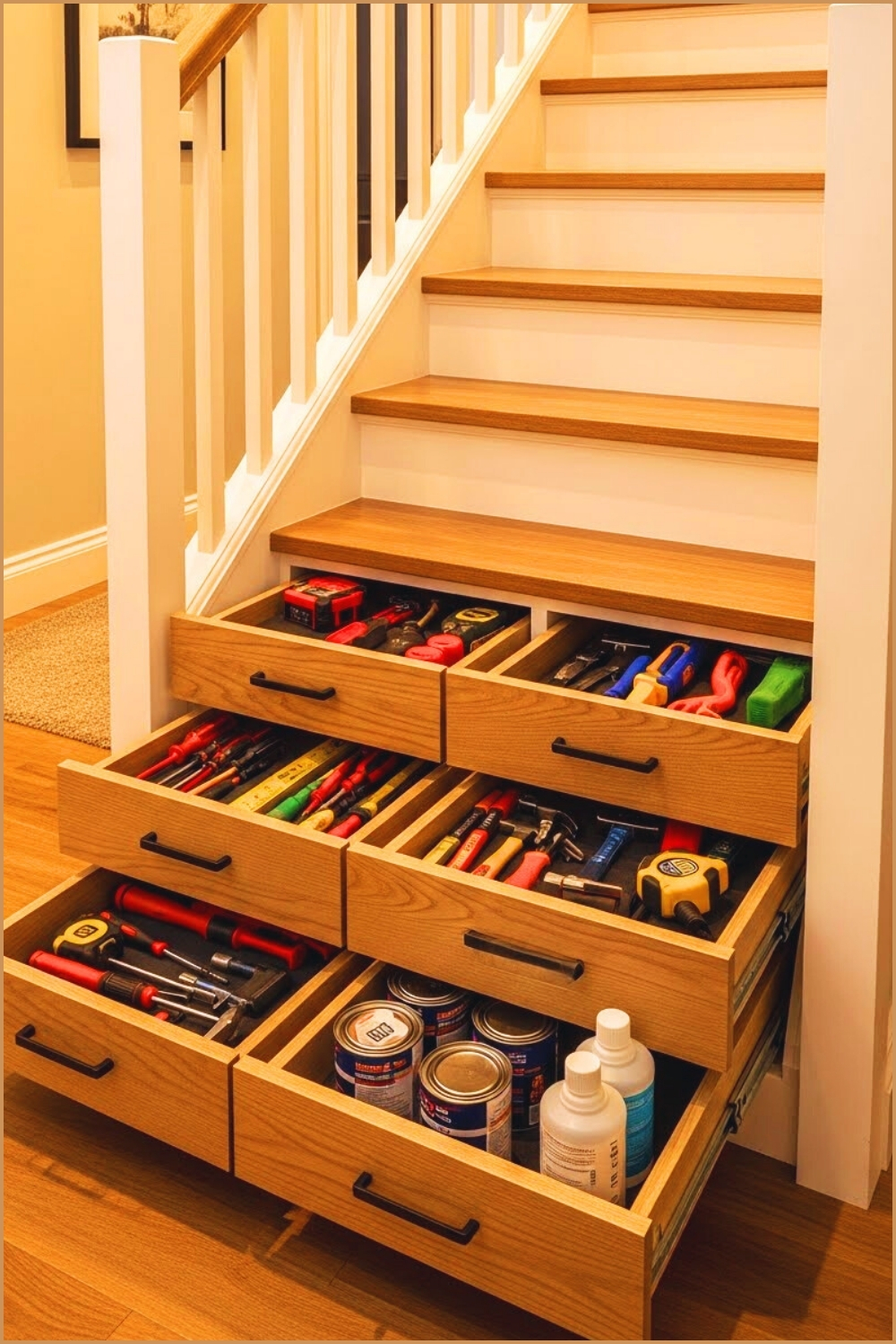 Wooden Staircase With Built In Pull Out Storage Drawers