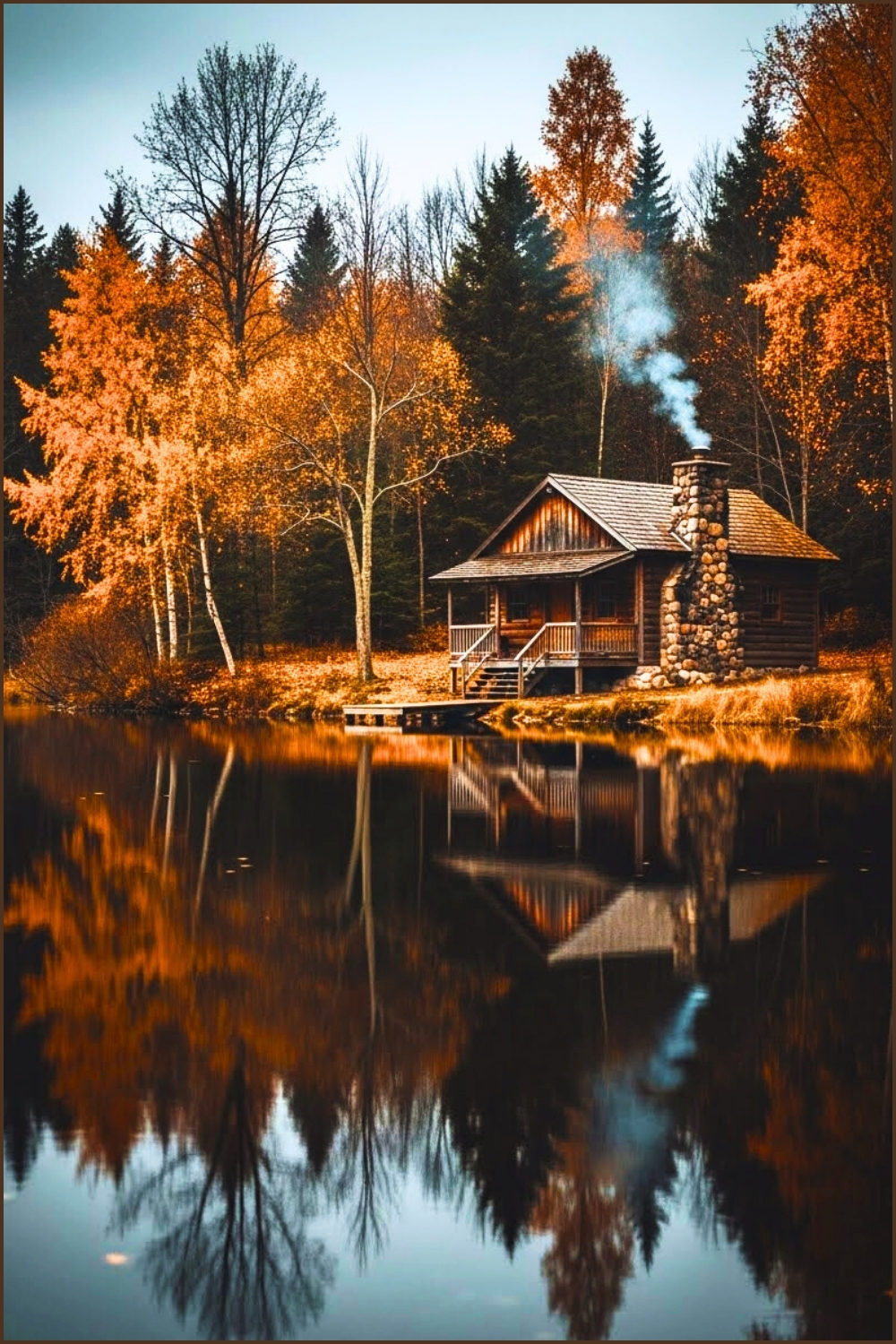 Wooden cabin near lake in early autumn, golden and brown