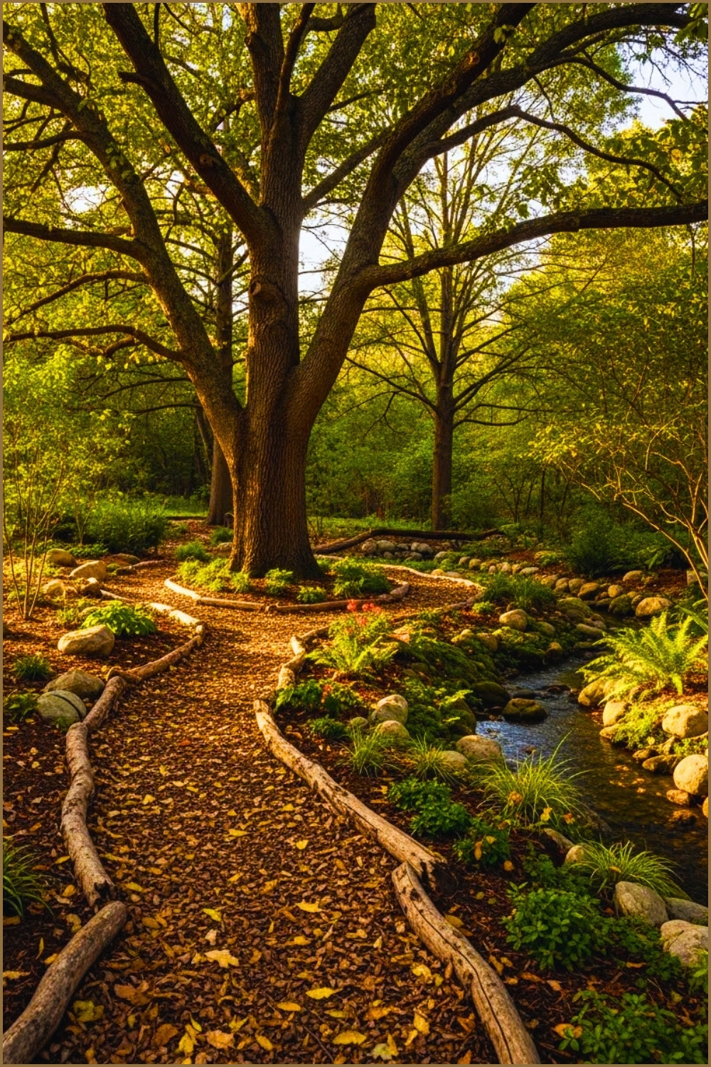 Woodland Backyard Garden With Large Shade Trees Fallen Branch
