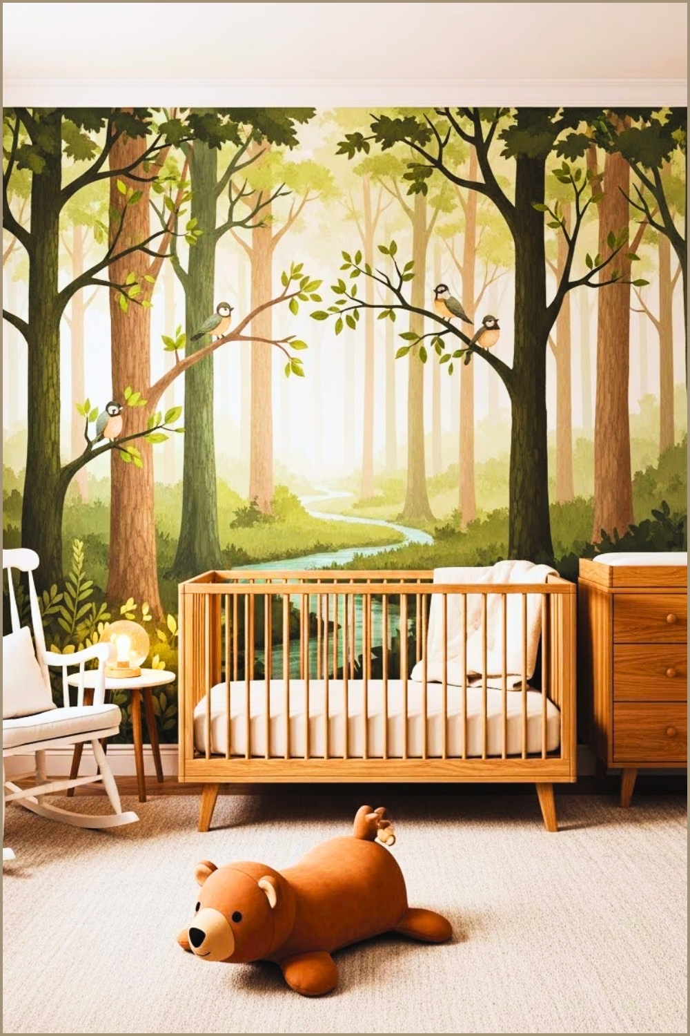 Woodland Nursery Theme, Wall Mural With Trees And Birds